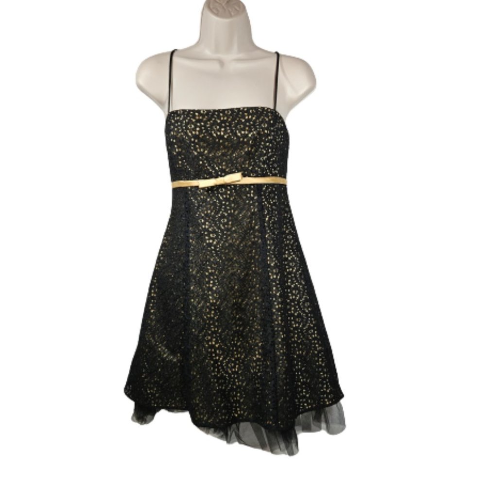 Betsy Adam Dress Black Lace Overlay Gold Petite Women's 12P Party Dress - Picture 1 of 9